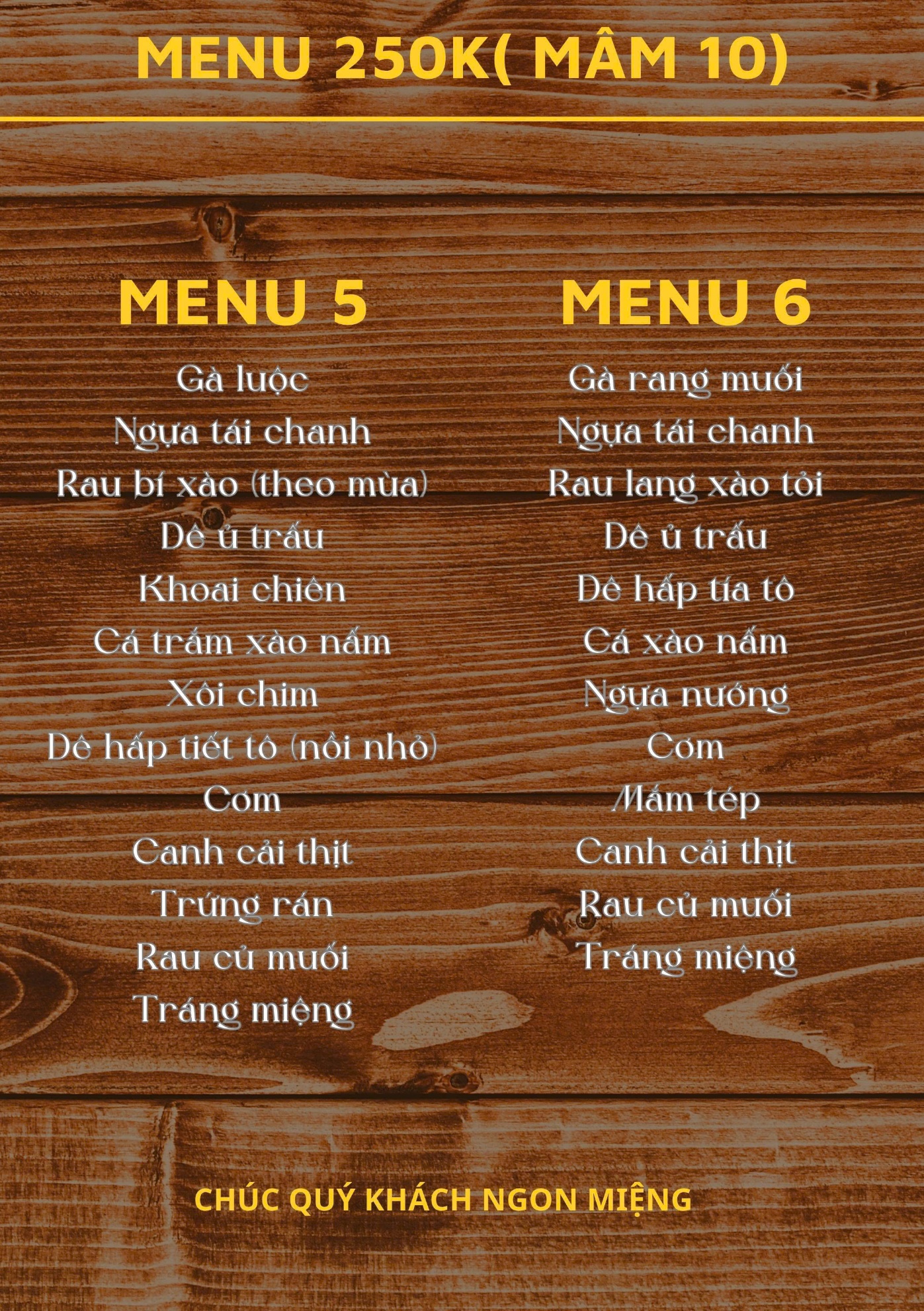 Mâm 250.000đ – bàn 10 khách (menu 5–6)
