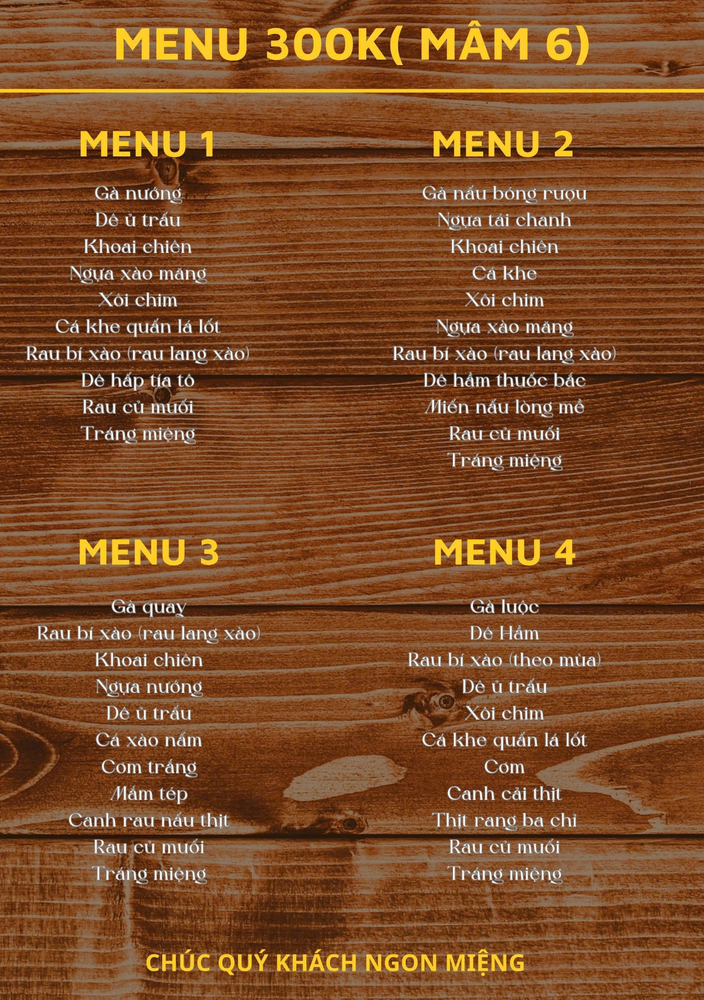 Mâm 300.000đ – bàn 6 khách (menu 1–4)