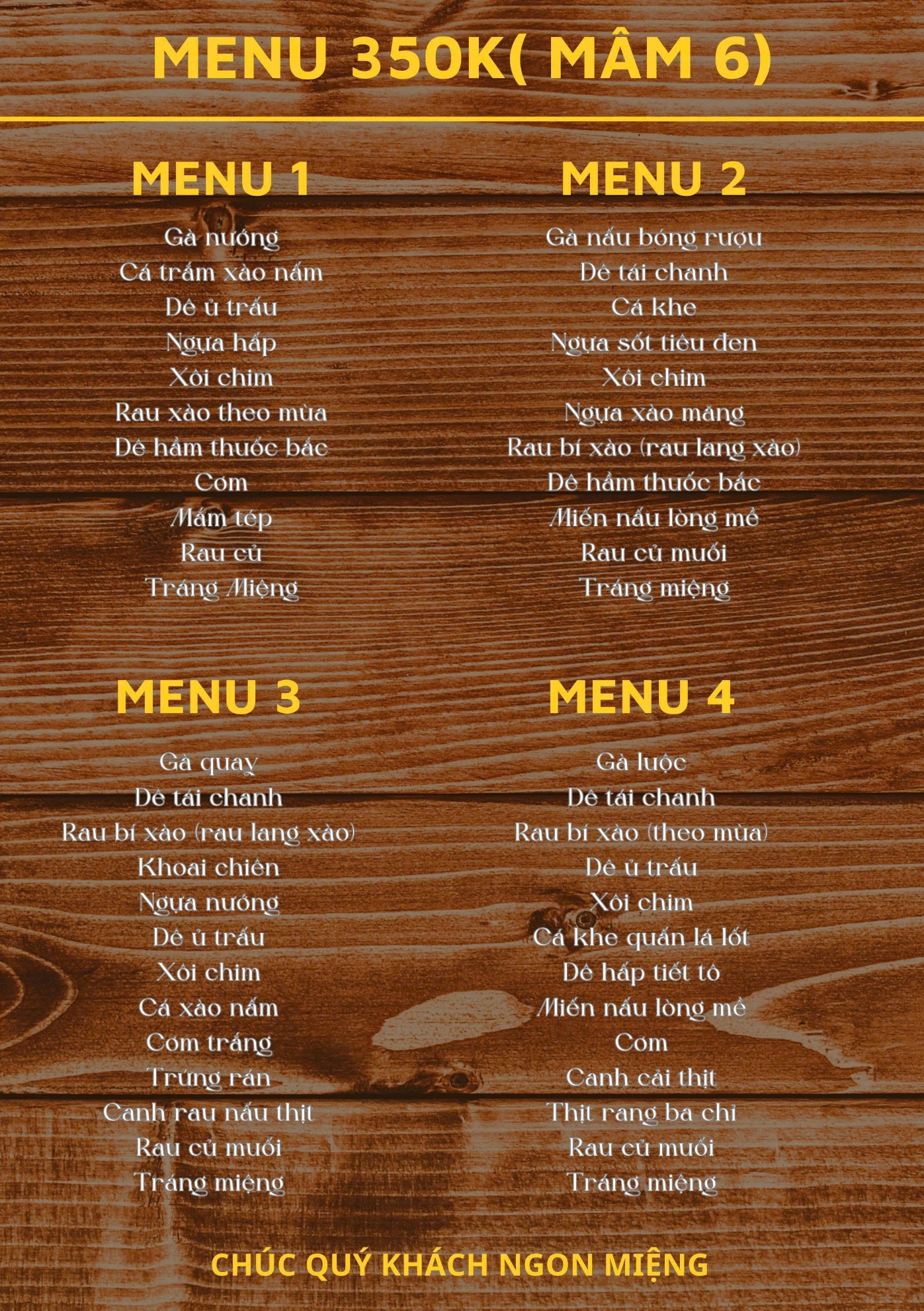 Mâm 350.000đ – bàn 6 khách (menu 1–4)