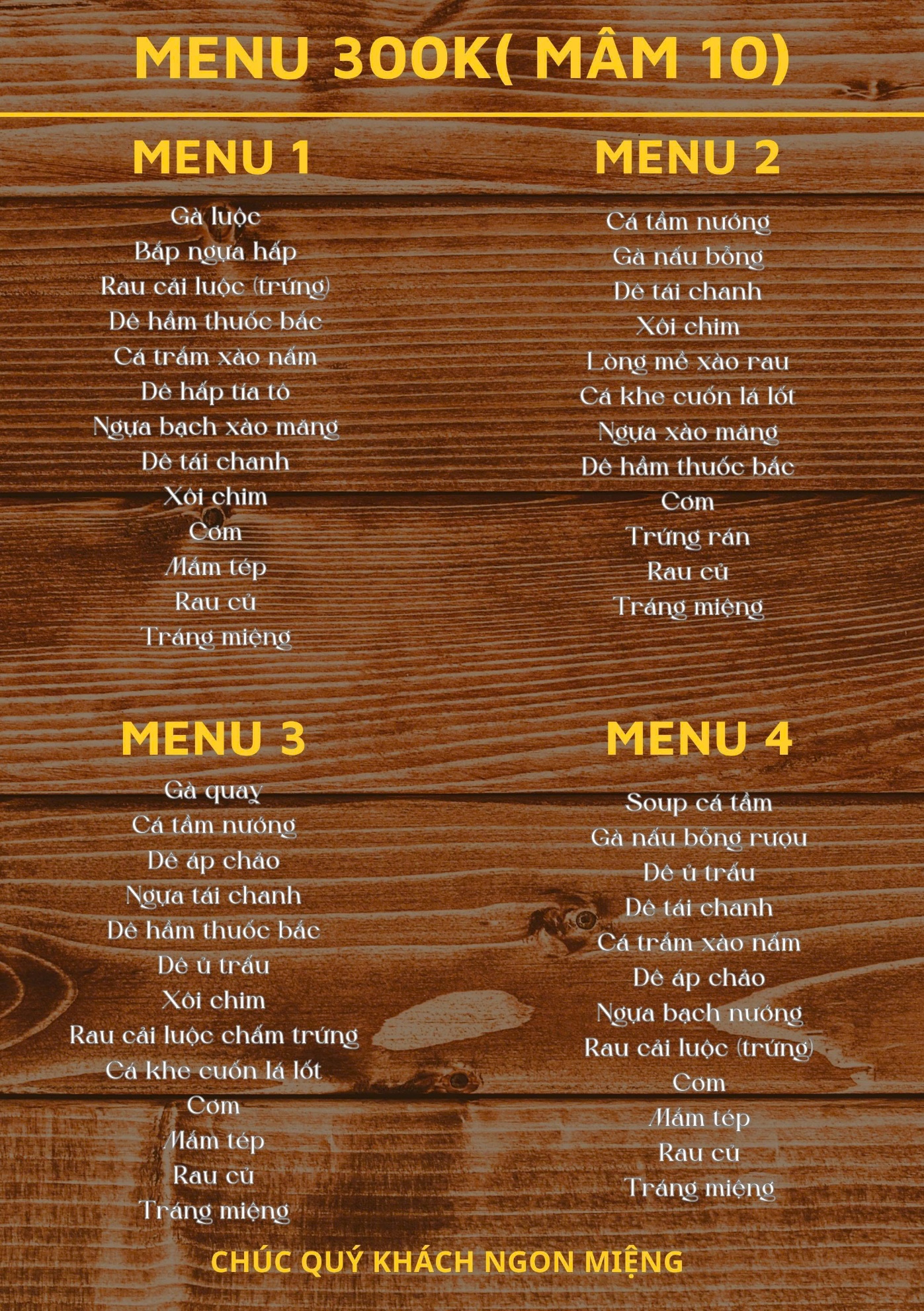 Mâm 300.000đ – bàn 10 khách (menu 1–4)