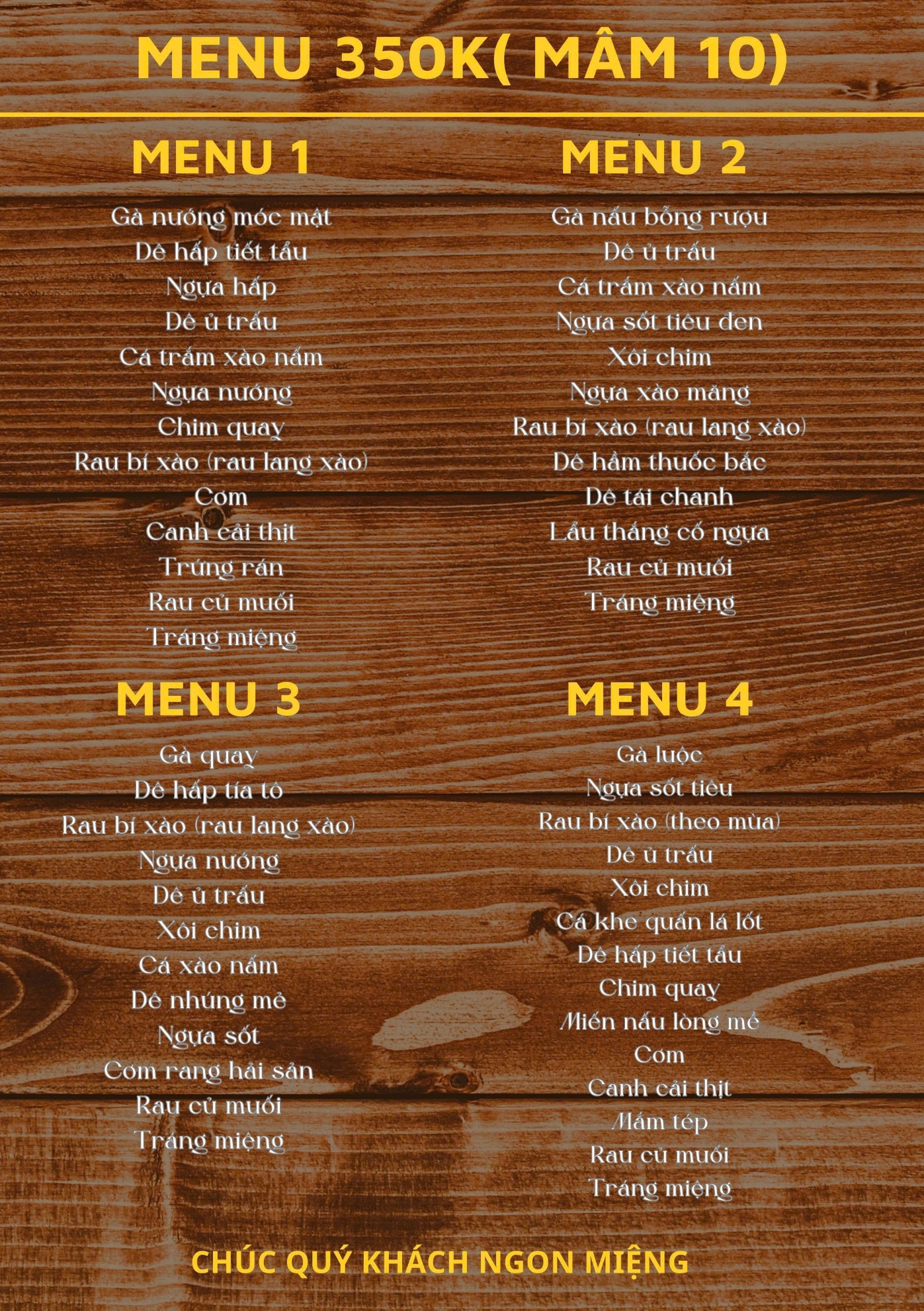 Mâm 350.000đ – bàn 10 khách (menu 1–4)