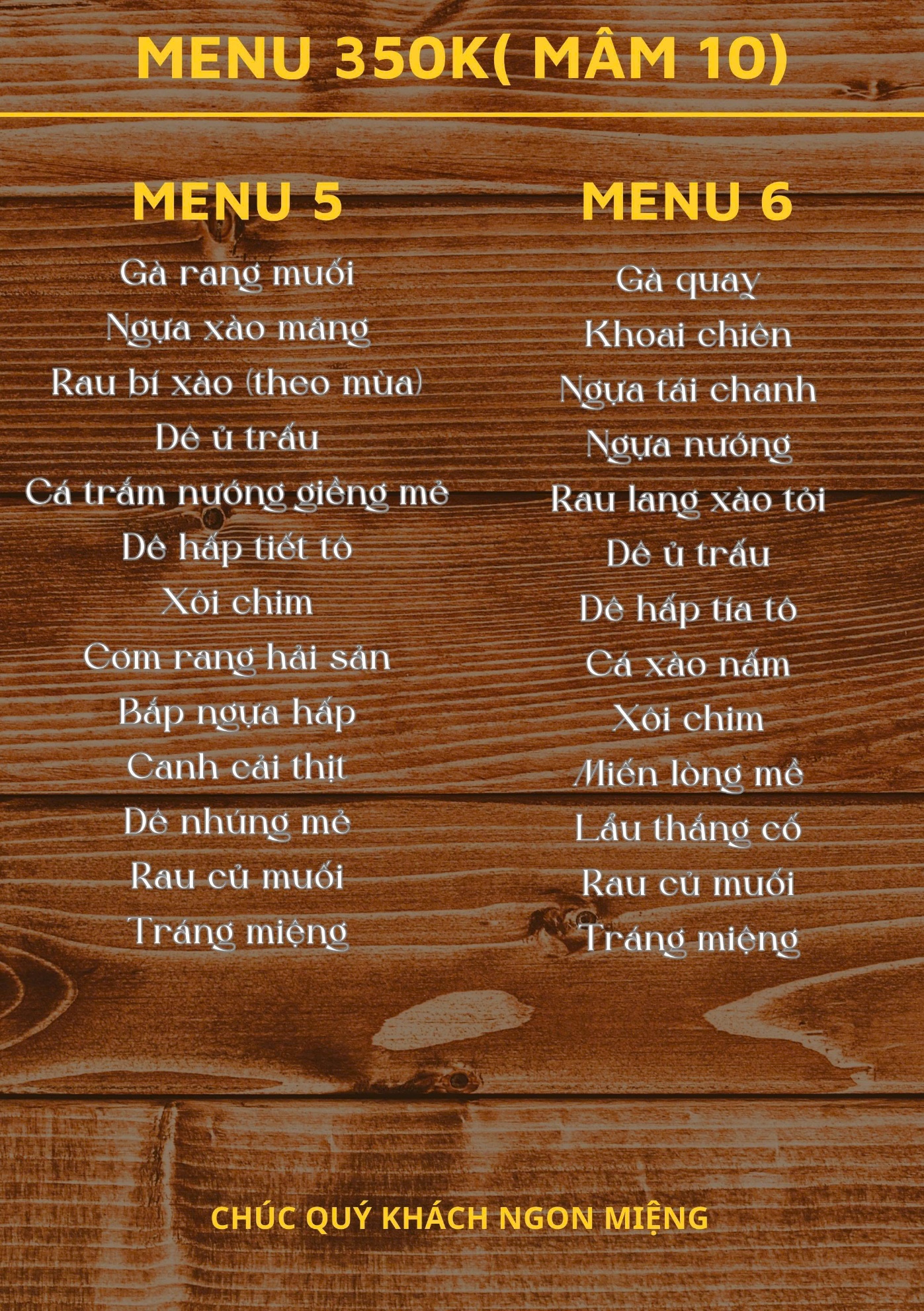 Mâm 350.000đ – bàn 10 khách (menu 5–6)