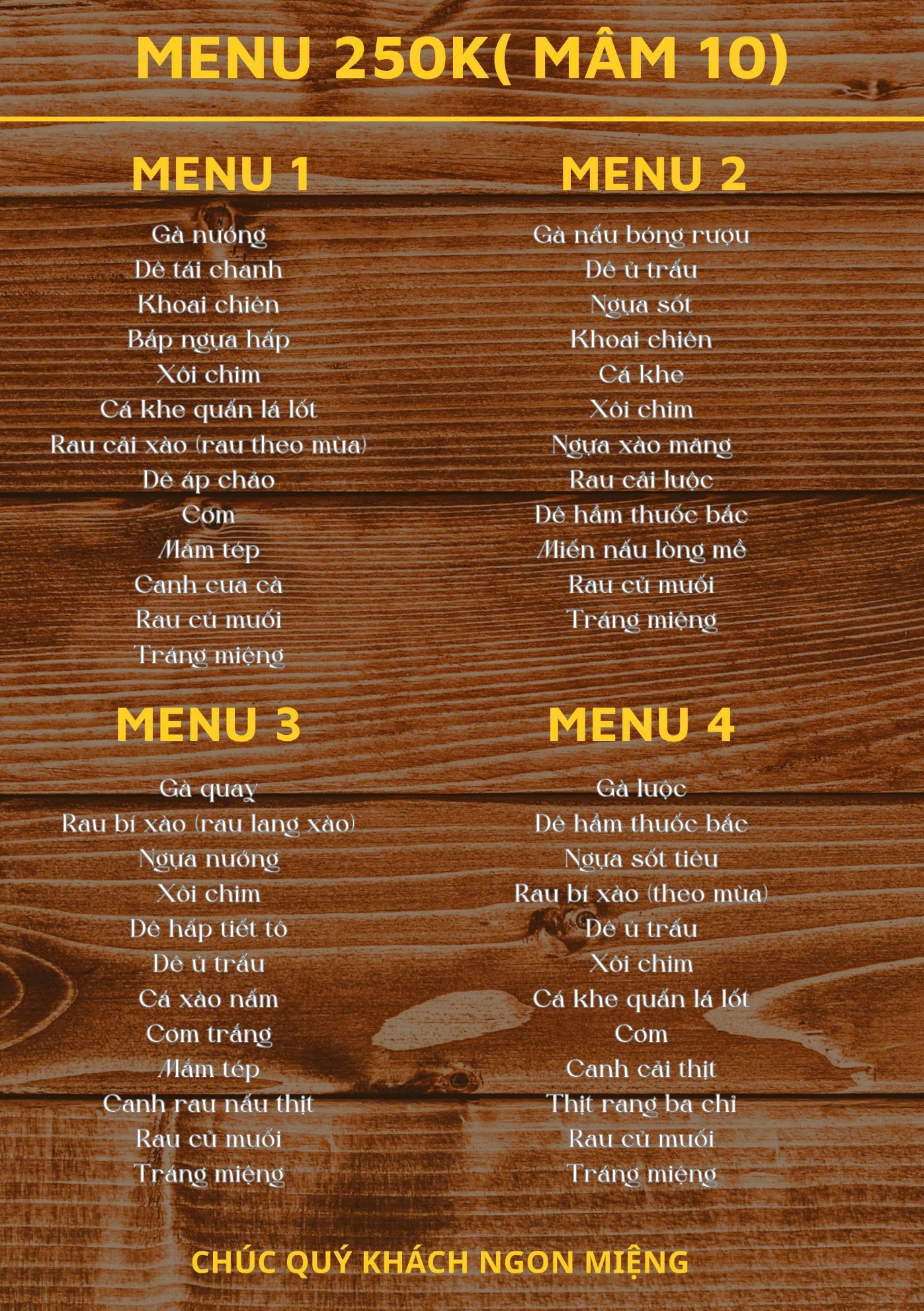 Mâm 250.000đ – bàn 10 khách (menu 1–4)