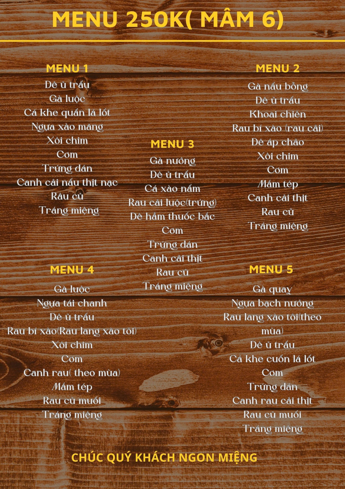 Mâm 250.000đ – bàn 6 khách (menu 1–5)